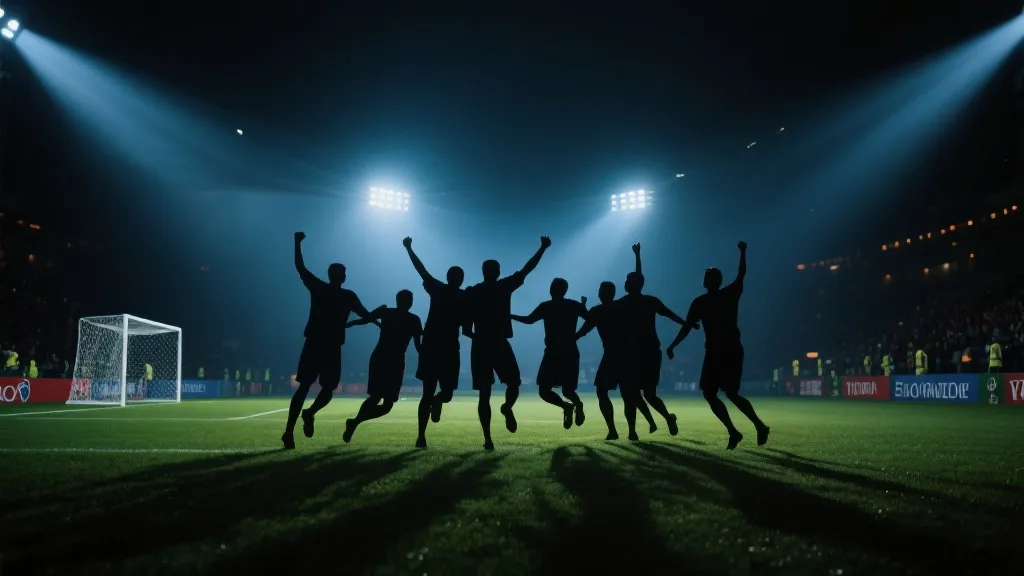 加拿大球员在世界杯淘汰赛夜晚庆祝进球，灯光与雪花质感氛围